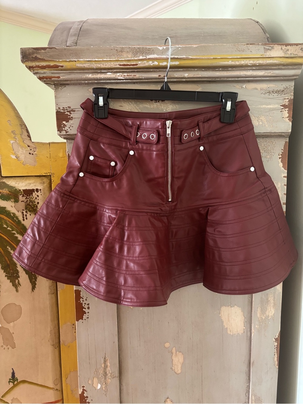 Pilcro Burgundy Faux Leather Flared Mini Skirt - Picture 1 of 11